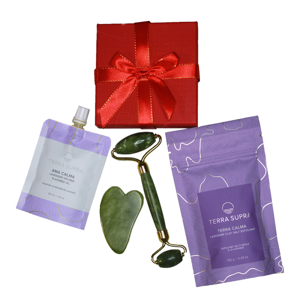 Terra Calma Lavender Exfoliating Salts, Ama Calma Lavender infused Flaxseed Oil and Jade Roller & Gua Sha Set